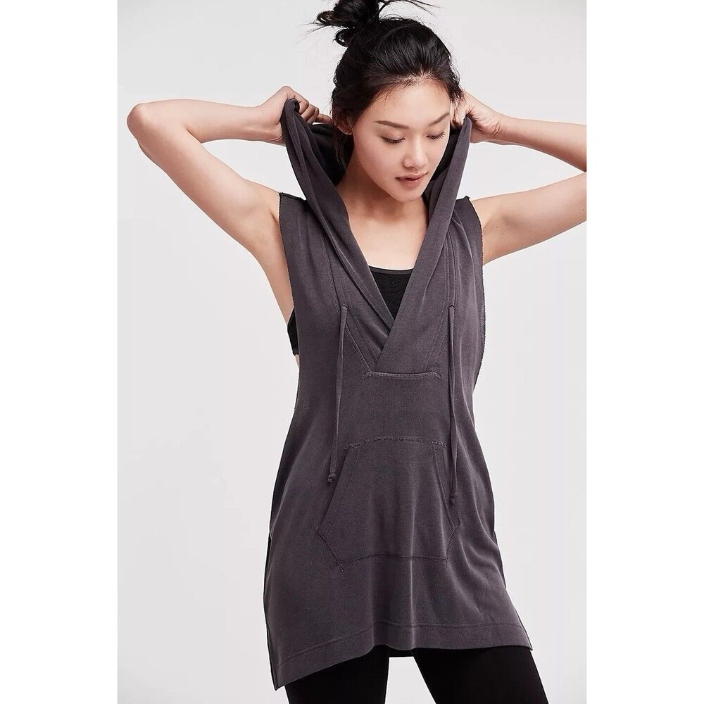 FREE PEOPLE fp Movement Tulum T-back Hooded Sleeveless Top NEW NWT Black Gray XS
